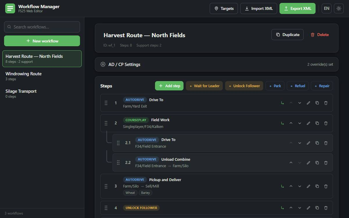 The FS25 Workflow Manager Web Editor